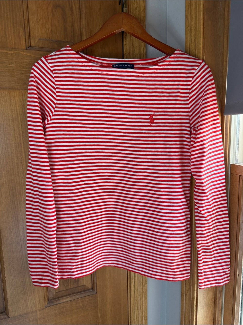 Ralph Lauren Breton Nautical Stripe Cotton Long Sleeve Top with Red Pony, Size S